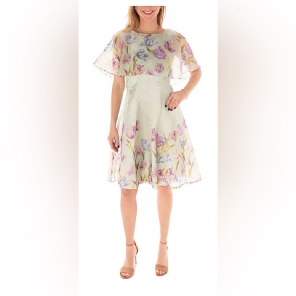 MAISON TARA green Floral Border lilac Organza Cape fit &‎ flare Dress size 8 ne2